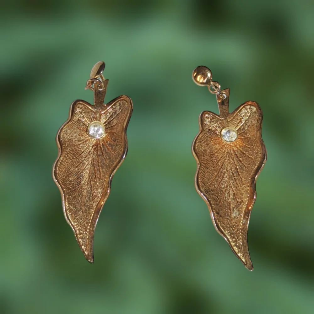 Leaf Shaped Gold Tone Earrings w/Clear